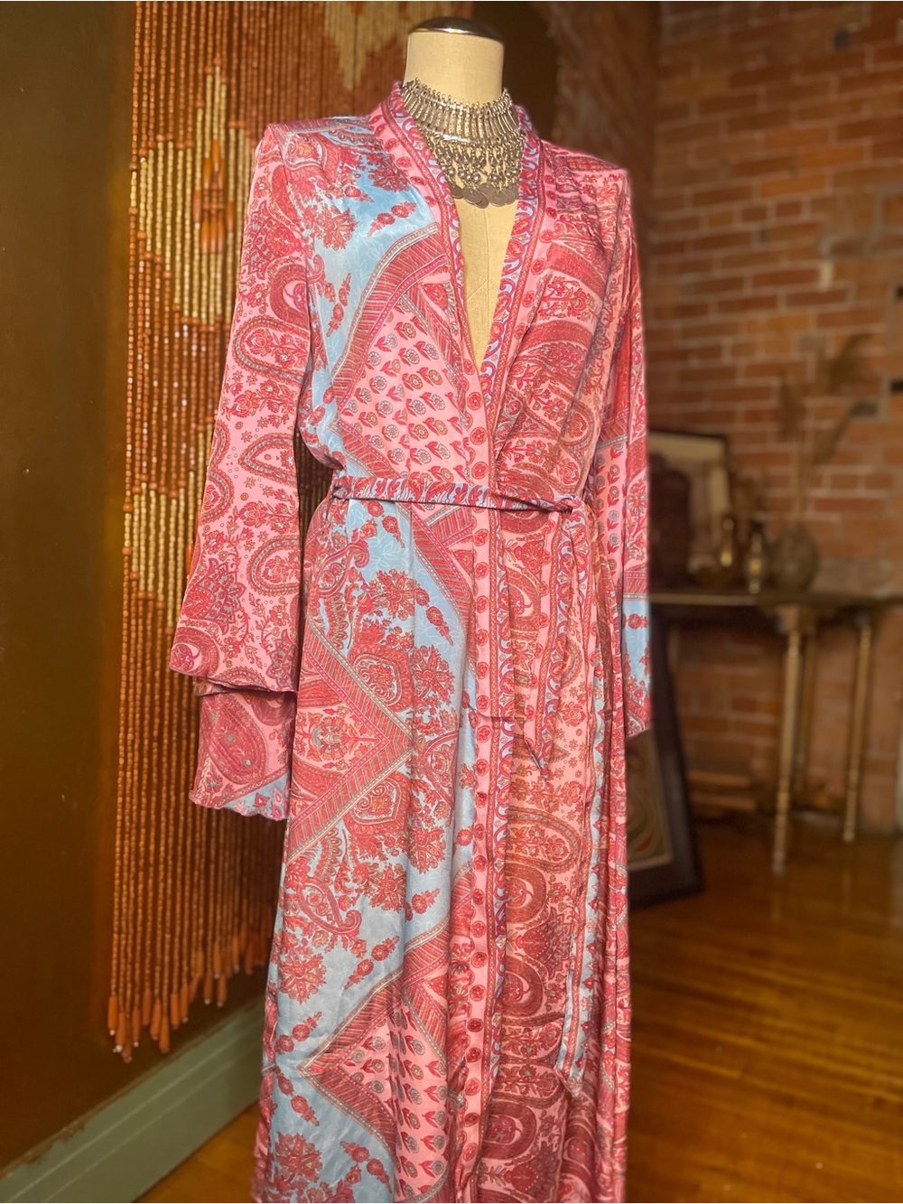 Pink & Light Blue Paisley Long Robe - Picture 3 of 9
